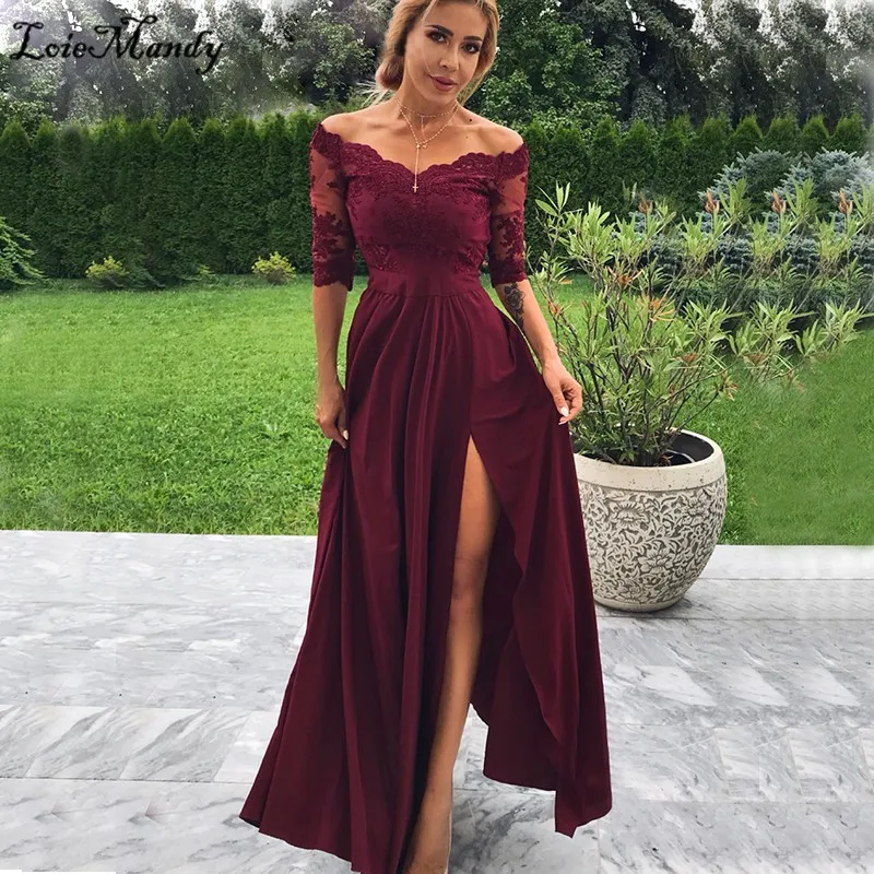 A-line Long Prom Dresses 2022 Sexy High Split Burgundy Women Formal Evening Dress Gown Half Sleves Vestidos de gala