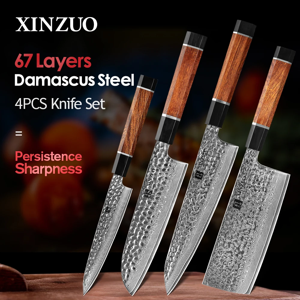 

XINZUO 4PCS Knives Set Japanese Damascus Stainless Steel Knife Chef Nakiri Knife with North America Desert Ironwood Handle