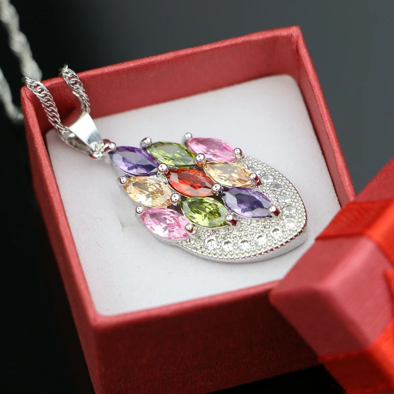 925 Silver Wedding Pendant Necklace for Women Multicolor Cubic Zirconia White Crystal Bridal Accessories