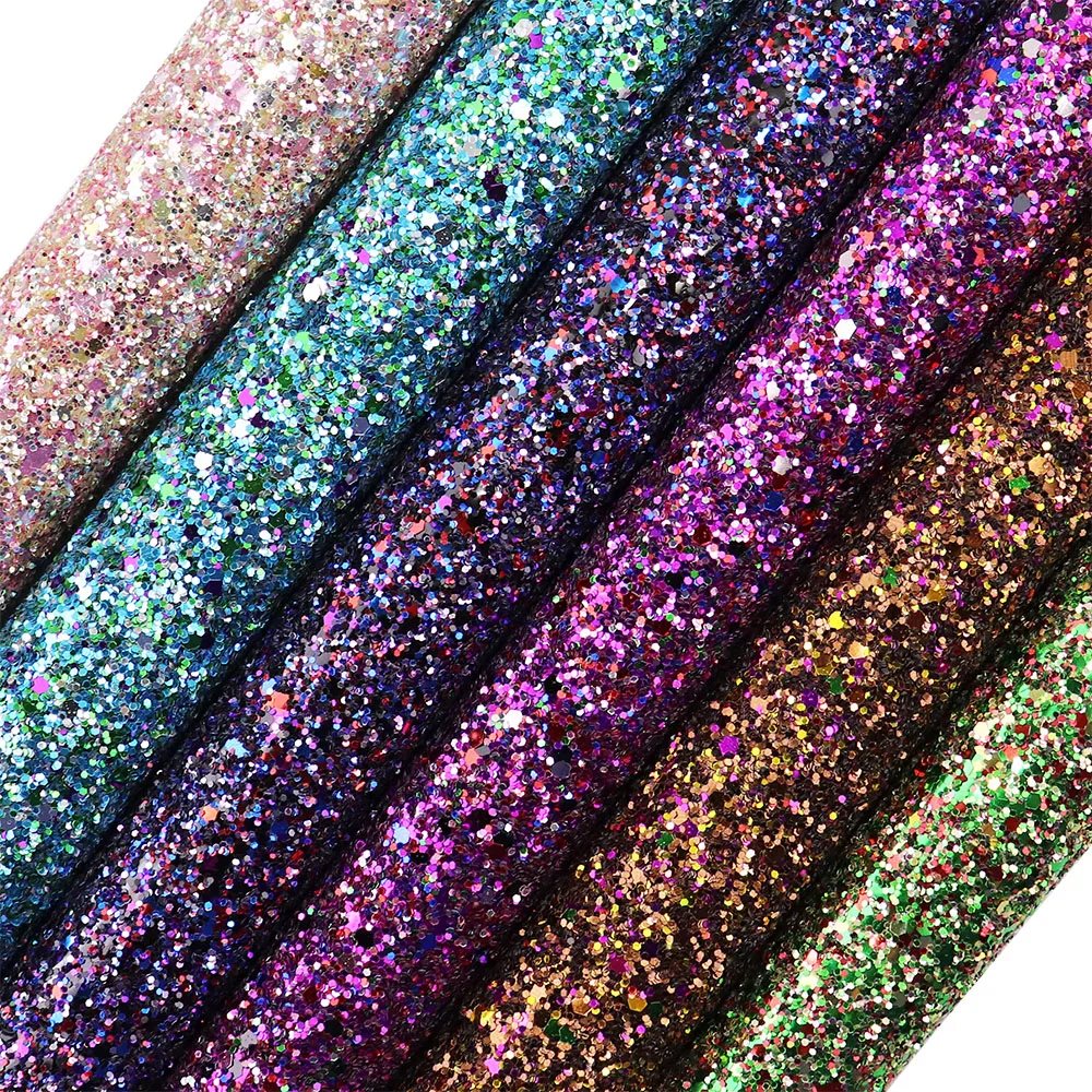 Blue Green Mix Color Chunky Glitter Fabric Soft Elastic Woven Backing Leather For Bows Earring Craft Sewing DIY CN124