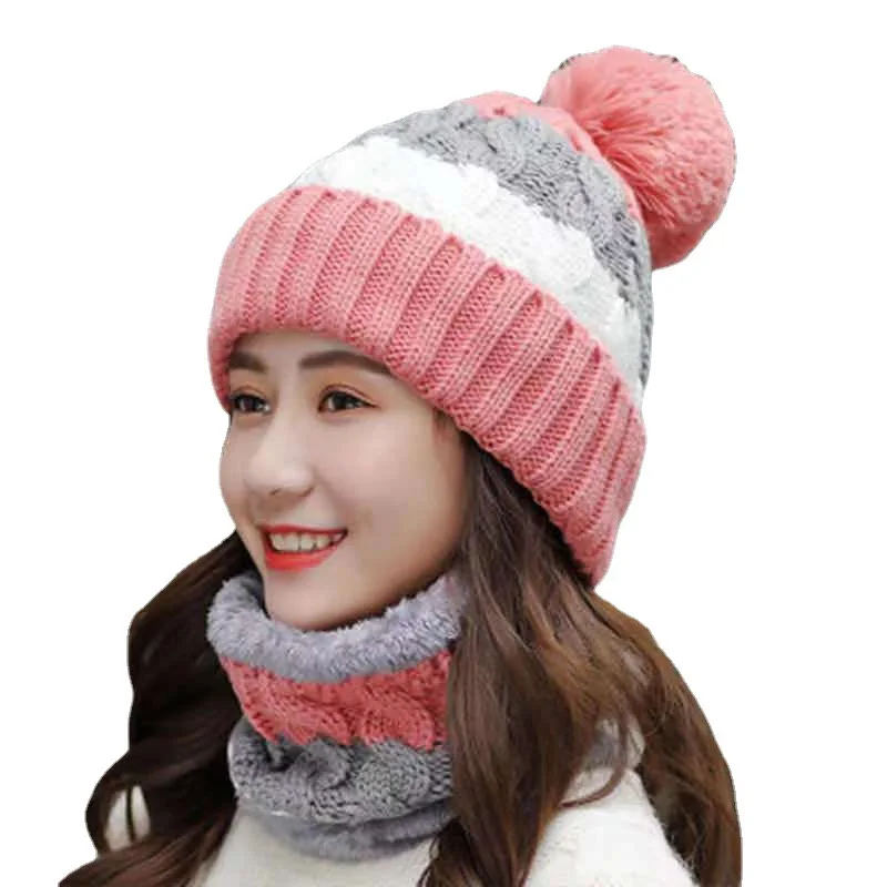 Winter Beanie Hat For Women Pompom Knitted HatBeanie Girls Thick Wool Neck Scarf Cap Balaclava Mask Bonnet Hats Gorras