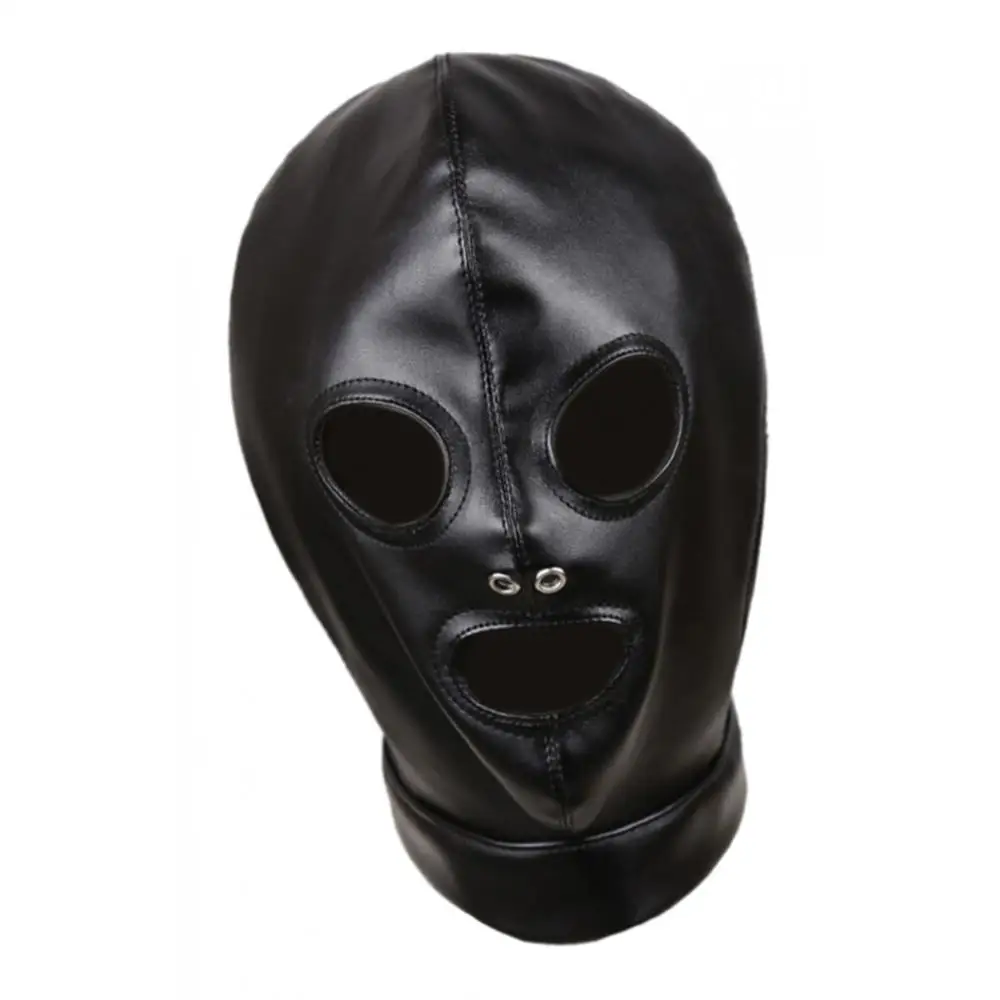 

Unisex Adult Black Faux Leather Hood Mask Lace Up Full Head Face Cover Toys