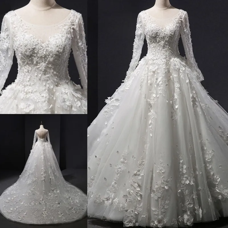 Vestidos de casamento de luxo, mangas compridas, com apliques de renda, contas, vestidos de baile, feito sob encomenda, roupa de noiva, com renda