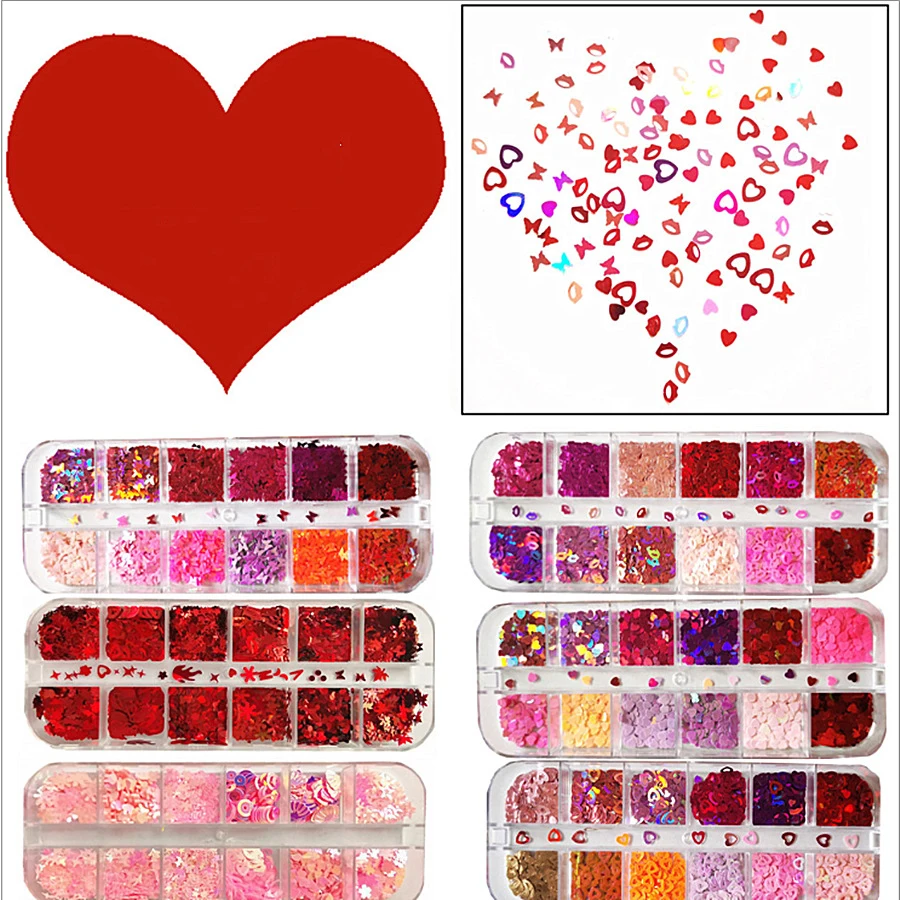 10Set 12 Grids/box Laser Love Heart Butterfly Nail Sequins Sparkle Nail Glitter Flakes 3D Nail Art Decorations Supplier