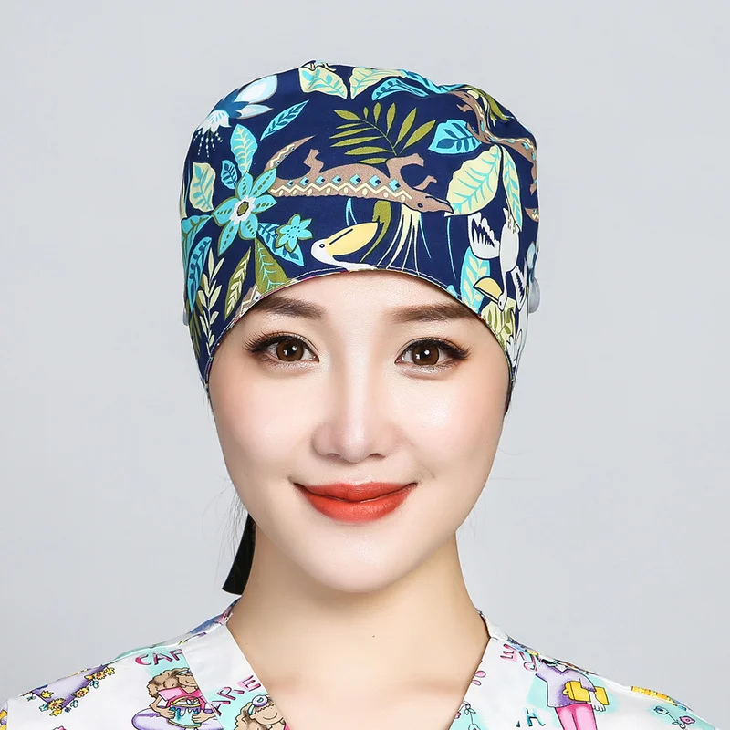 Chapeau en coton élastique pour femmes, bandeau de survêtement, imprimé, pour cheveux longs, vêtements de travail réglables, soins infirmiers, boutons