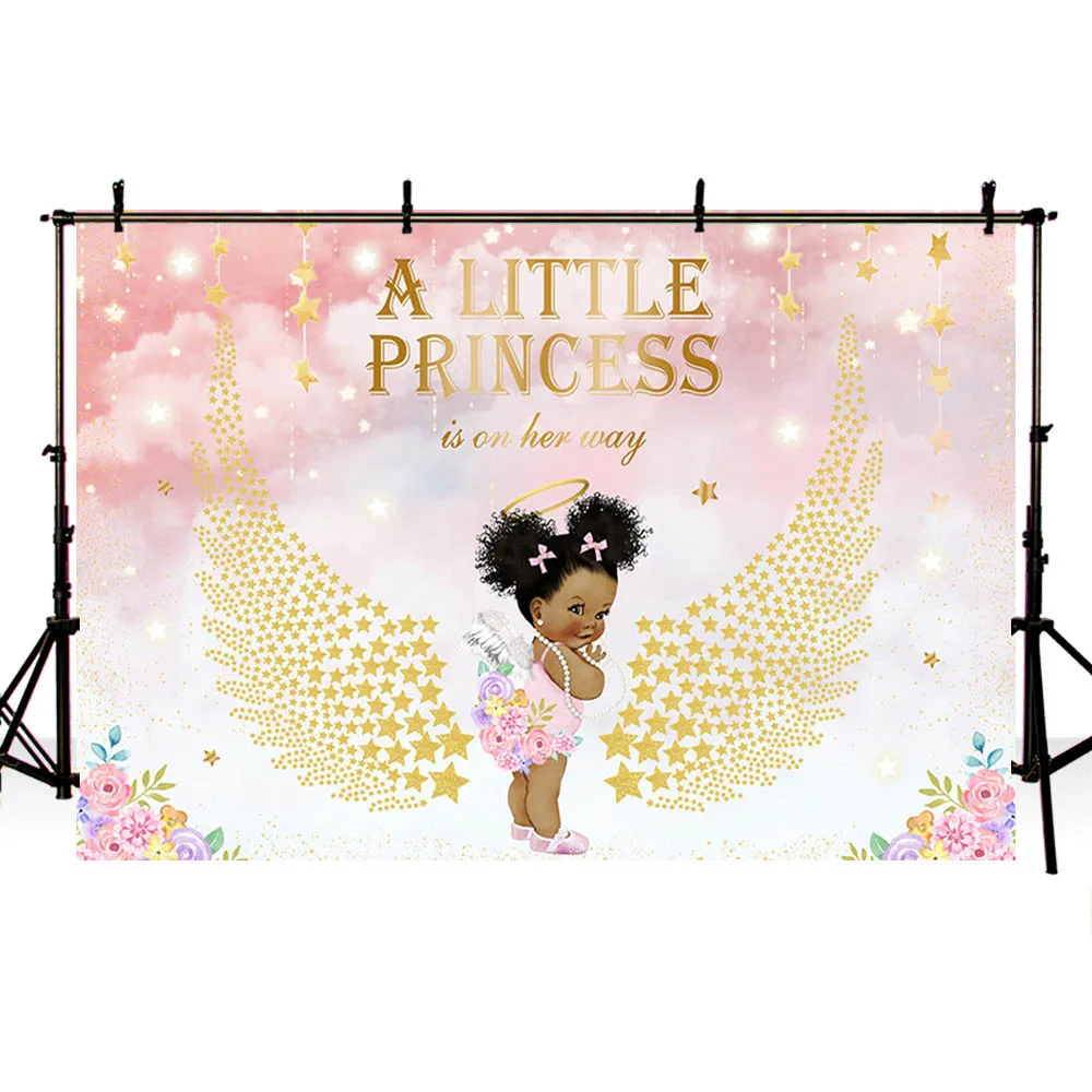 Avezano Backdrop A Little Princess On Her Way Gold Wings Shiny Stars Pink Newborn Girl Baby Shower Photography Background Banner