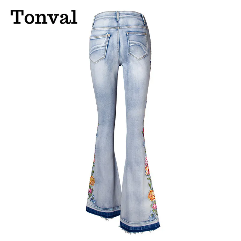 Tonval Floral Embroidered Side Elegant Skinny Flare Jeans Vintage Style Women Light Blue Frayed Hem Streetwear Jeans