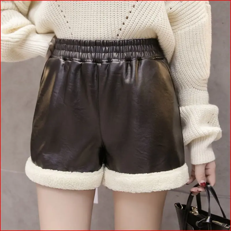 2024 New Autumn Winter Fleece Shorts Elastic High Waist Thick Warm PU Shorts Women Femme Casual Ladies Shorts Black Boots Pant