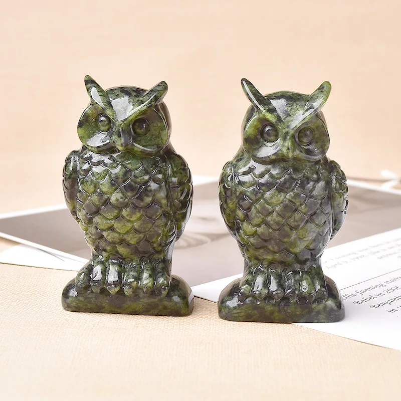 1PC Natural Stone Carved Owl Animal Ornaments Crystal Quartz Epidote Crafts Handmade Figurine Home Decoration Christmas present