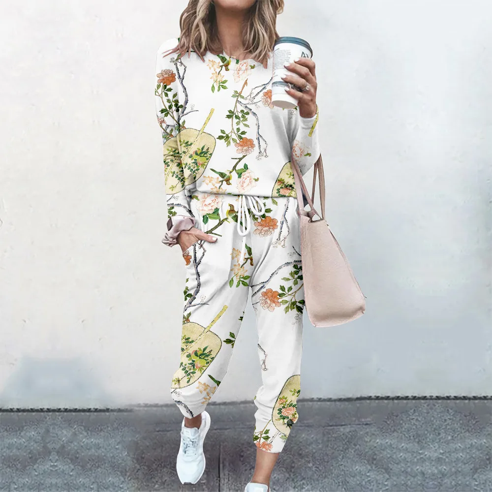 

Autumn Women 2 Piece Set Pullover Cloting Long Sleeve Floral Print Female Top And Elastic Waist Pant Casual Streetwear Tracksuit