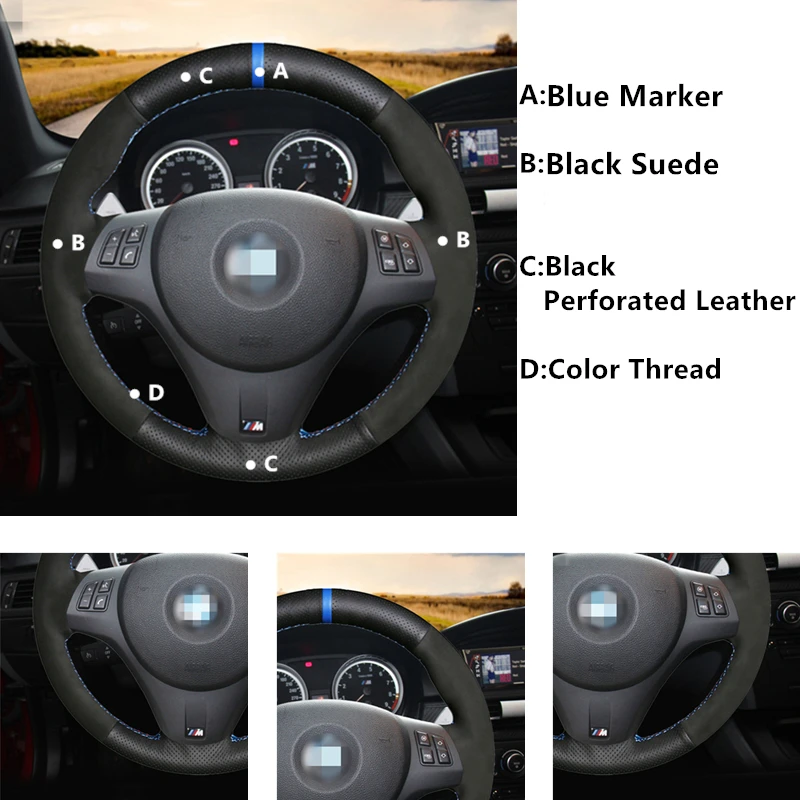 Black Suede Leather Car Steering Wheel Cover for BMW M Sport M3 E90 E91 E92 E93 E87 E81 E82 E88