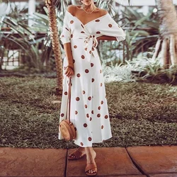 Women Off Shoulder Pilka Dots Bikini Cover Up Chiffon Beach Dress Robe De Plage Pareos De Playa MujerBeachwear Tunic