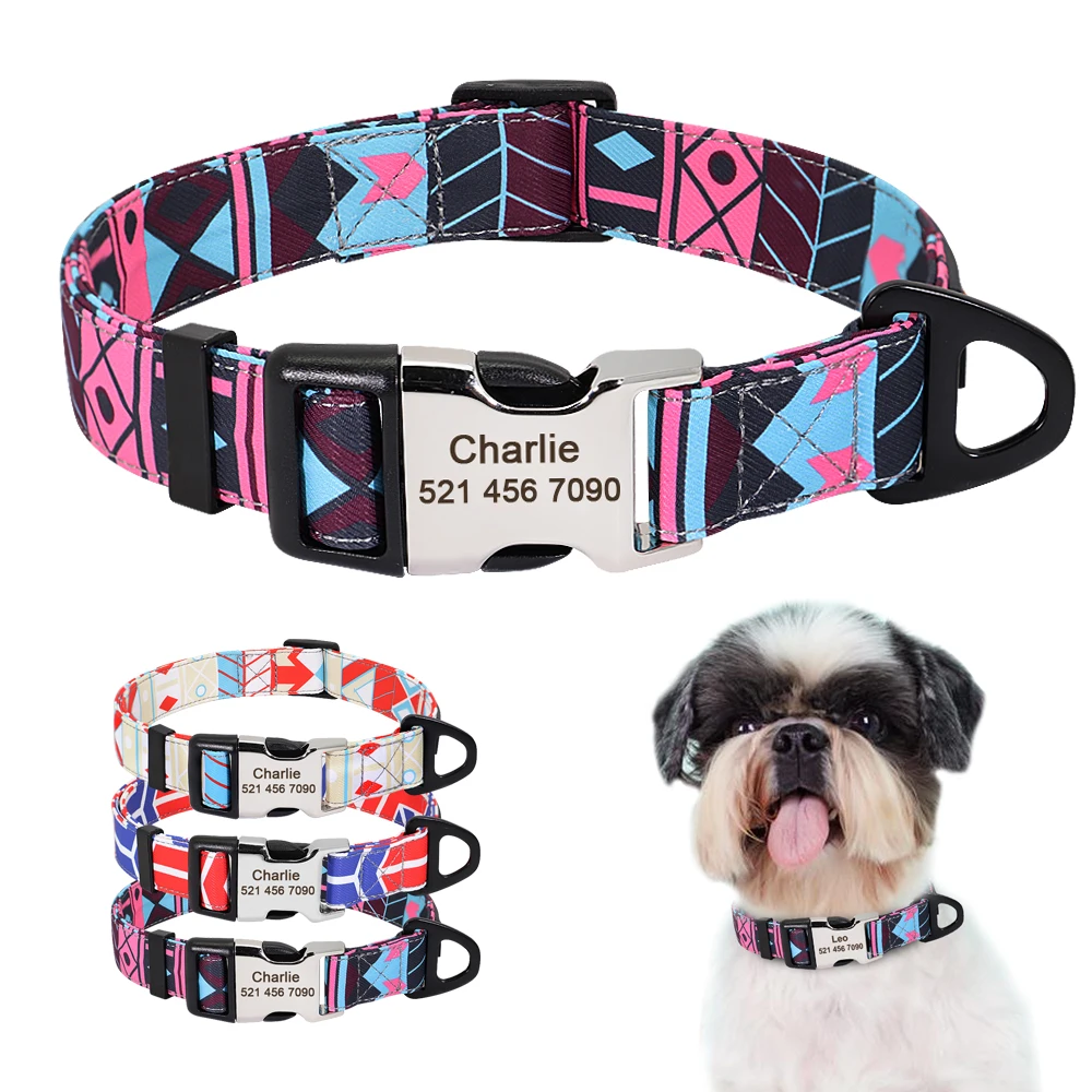 Custom Nylon Dog Collar Fashion Print Dog Collars Customized Puppy Pet Collar Engraved Name for Small Medium Large Big Dogs Pug