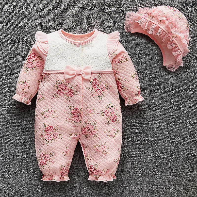 Ropa de invierno para niña recién nacida, mono de princesa Floral grueso, conjuntos de ropa para niños, mono + sombreros