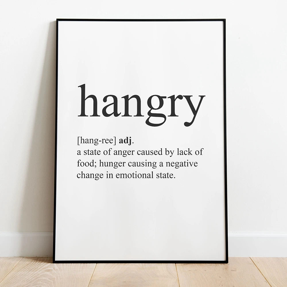 

Hangry Definition Letters Canvas Painting Black and White Wall Art Kitchen Dining Room Poster Modern Pictures Home Decorative