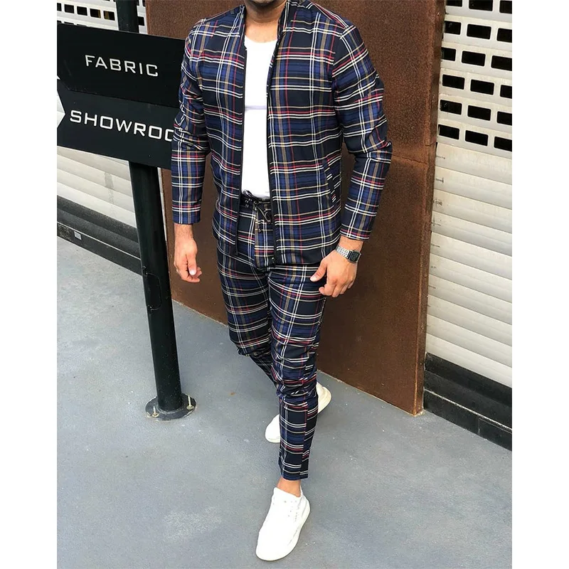 Men\'s Spring And Autumn Large Size Suit Casual Sports Fashion Joker Checkered Stand Collar Zipper Cardigan Jacket Trousers