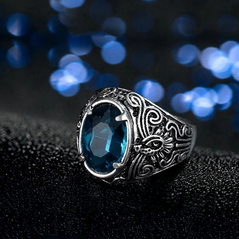 Kinel Hot Bohemia Blue Glass Rings For Womne Antique Pattern Silver Color Men Ring Vintage Jewelry Drop Shipping 2019 New