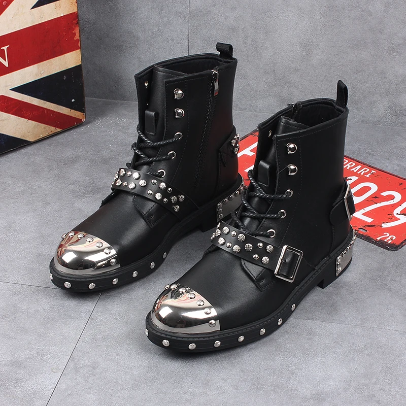 gothic punk dress cow leather boots for men casual rivet shoes lace-up platform boot motorcycle botas masculinas zapatos hombre