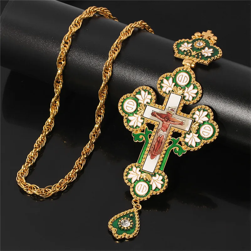 Christian Cross Necklace for Women Men Green Enamel Flower Catholic Orthodox Big Badge Necklace Pectoral Cross with box