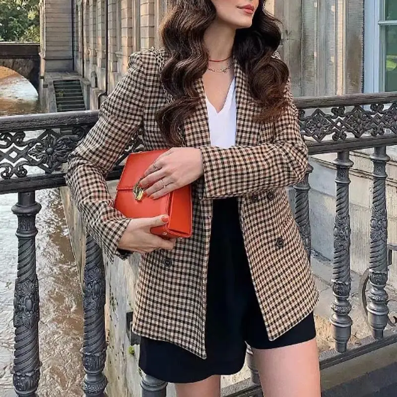 Fall 2022 women blazer jacket ladies tops office wear women korean plaid blazer vintage orange long blazer coat streetwear