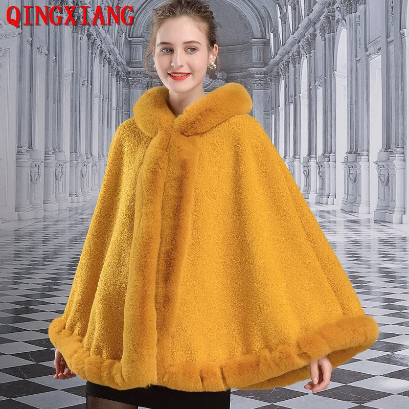 Women Rabbit Fur Collar Loose Poncho Mantle With Hat Cape Big Pendulum Outstreet Winter Warm Granular Velvet Thicken Shawl Coat