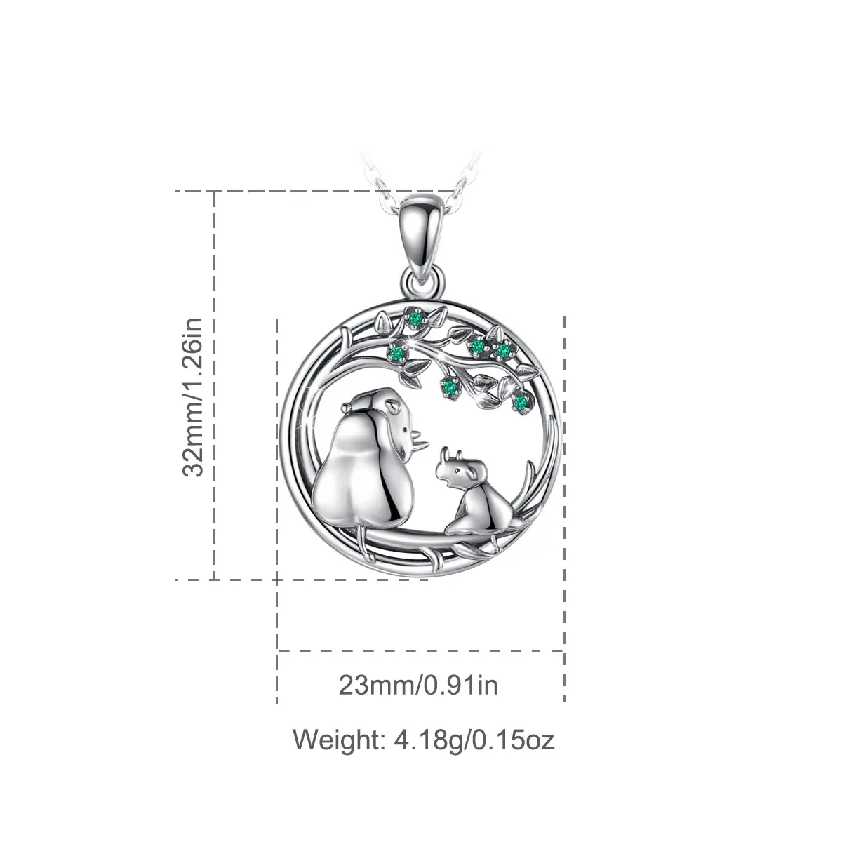 EUDORA 925 Sterling Silver Rhino Mother Baby Pendant  Tree of Life Green CZ Necklace Fashion Jewelry for Women Girl cyd632