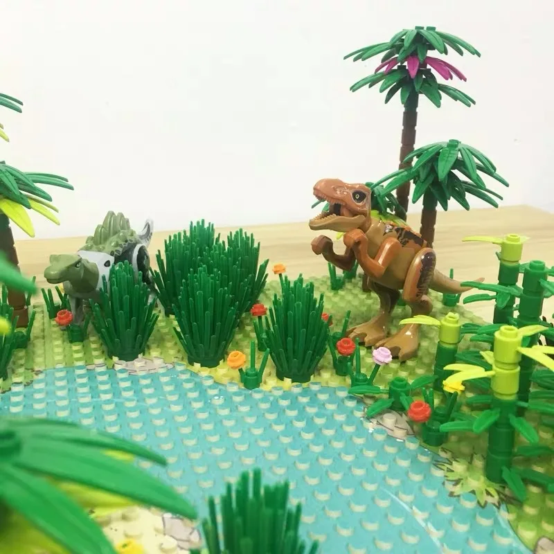 MOC Parts Building Blocks Rainforest Jurassic Dinosaurs Park Animal Green Grass Jungle Bush Flower Tree Plants Brick Toys Gift