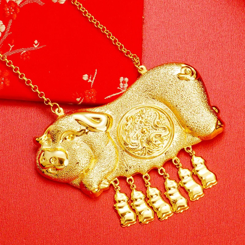 Luxury24k Yellow Gold Plated Wedding Pig Pendant Necklace Chinese for Woen Bride Traditions Wedding Bridal Necklace Chains Gift