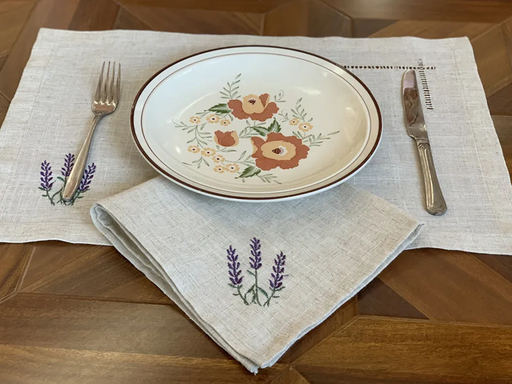 @[Camellia Casa] Hemstitch Poly+Linen Napkin/Placemat Provence, France,Lavender Natural Color Banquet/Hotel/Airbnb/Restraunt