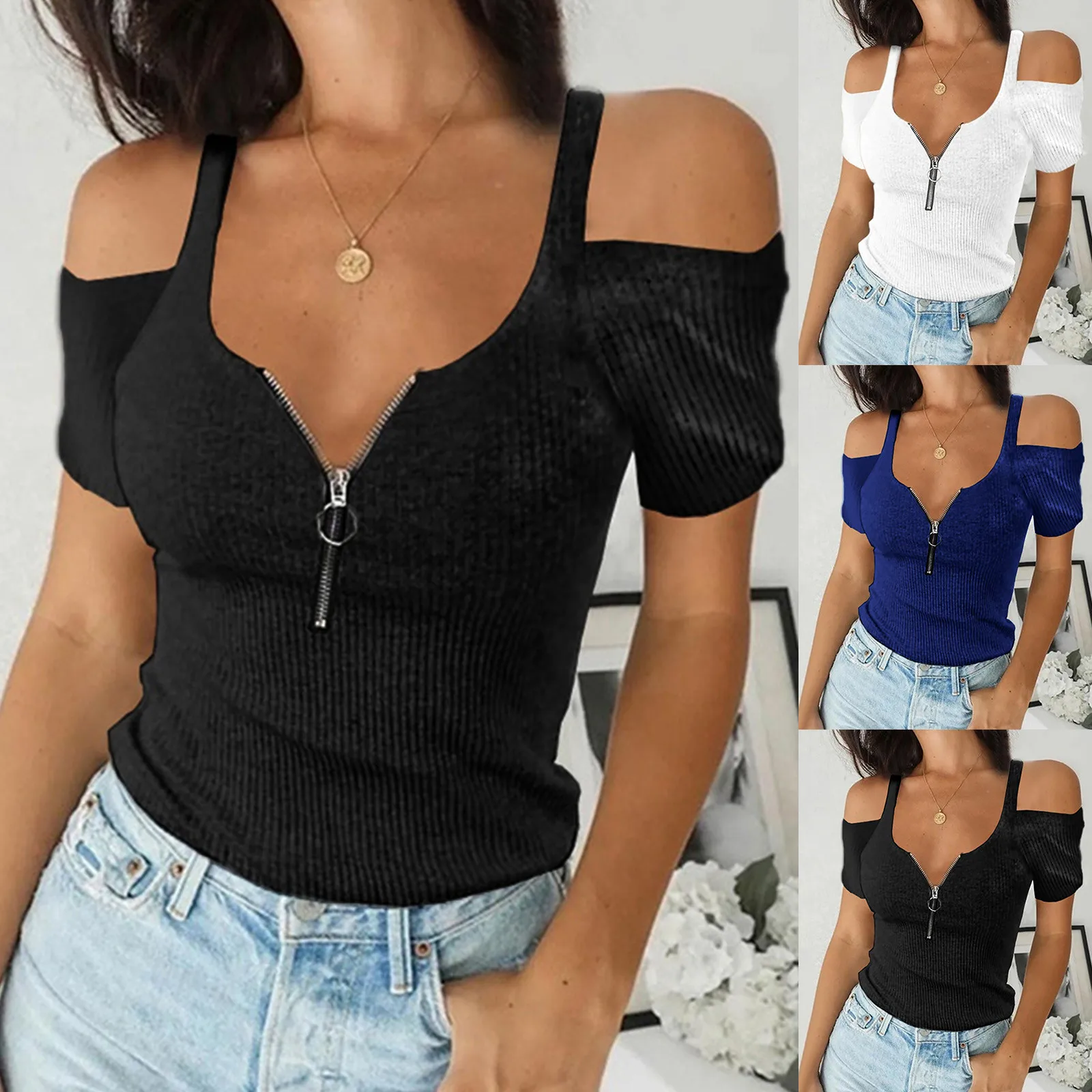 Thời Trang Chữ V Gợi Cảm Áo Sơ Mi Dây Kéo Áo Thun Mùa Hè Áo Nữ Áo Màu Trơn Nữ Trễ Vai Blusas Chui Đầu