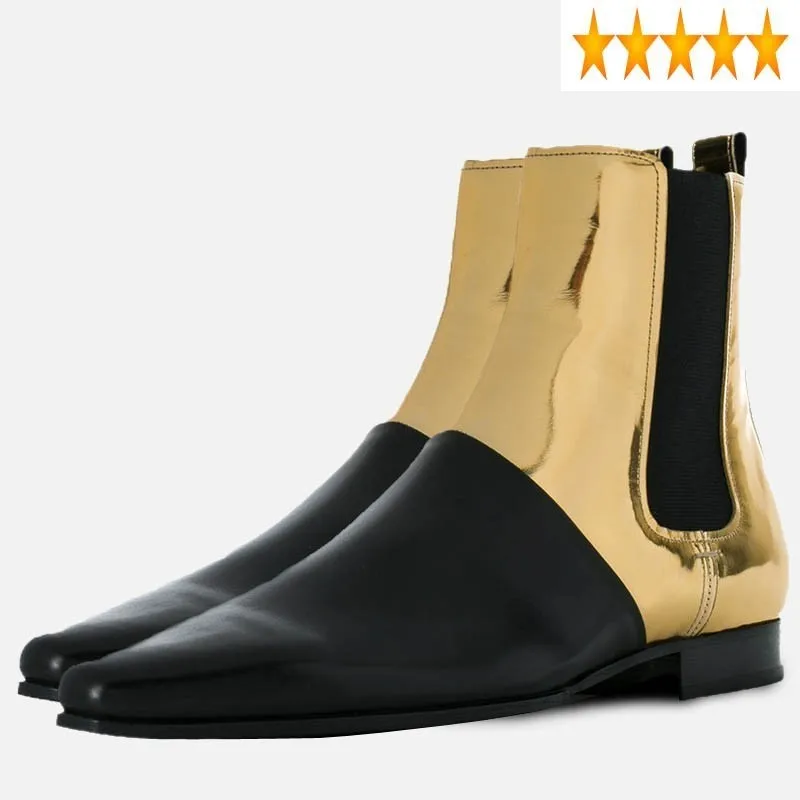 Golden New Designer Colors Mens Mixed Pointed Toe Club Party Bright Chelsea Boots Plus Size Genuine Leather Shoes