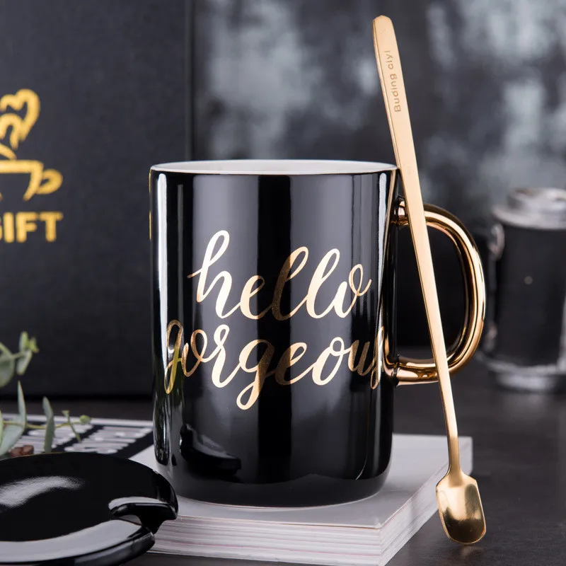 

400ML Creative European Style Tea Milk Cup with lid And Spoon Ceramic Water Mug Creative Anniversary Gift