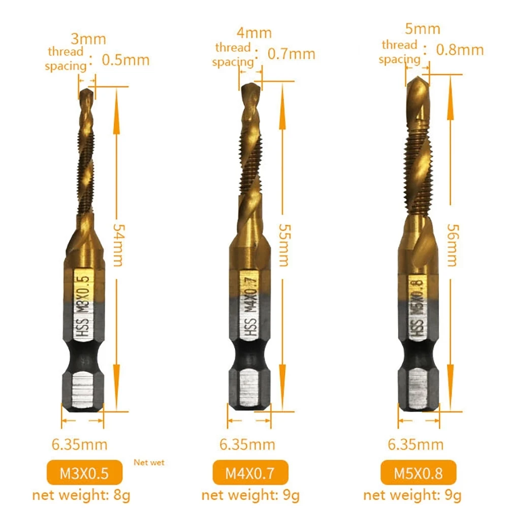 6Pcs Hex Shank Titanium Plated HSS Screw Thread Metric Tap Drill Bits Screw Machine Compound tap M3 M4 M5 M6 M8 M10 Hand Tools