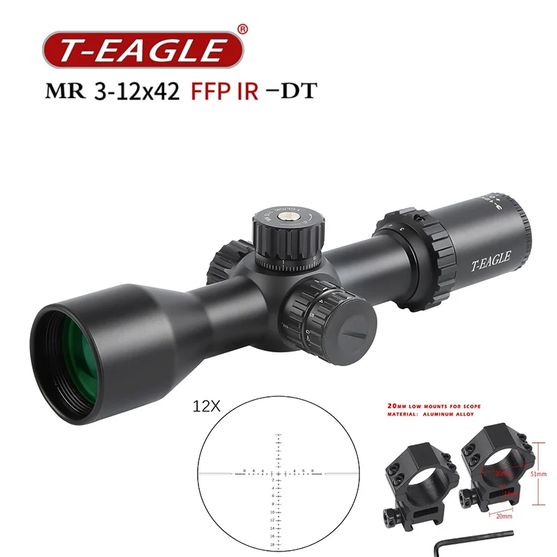 T-EAGLE-Tactical Riflescope Glass Etched Reticle Hunting Sight, Compact Optical Sight, Red and Green, Airsoft Scope, New MR 3-12