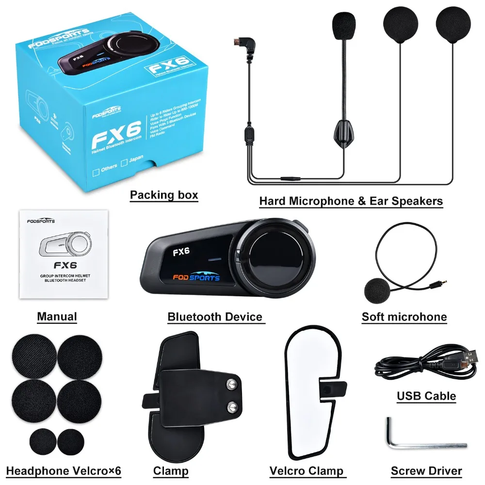 Fodsports FX6 Motorcycle Helmet Intercom Waterproof Bluetooth Headset 6 Rider BT 5.0 Interphone With FM Radio