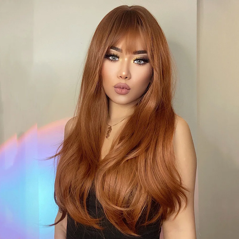 HENRY MARGU Ombre Red Brown Copper Ginger Long Synthetic Wig for Women Natural Wave Wigs with Bangs Heat Resistant Cosplay Hair