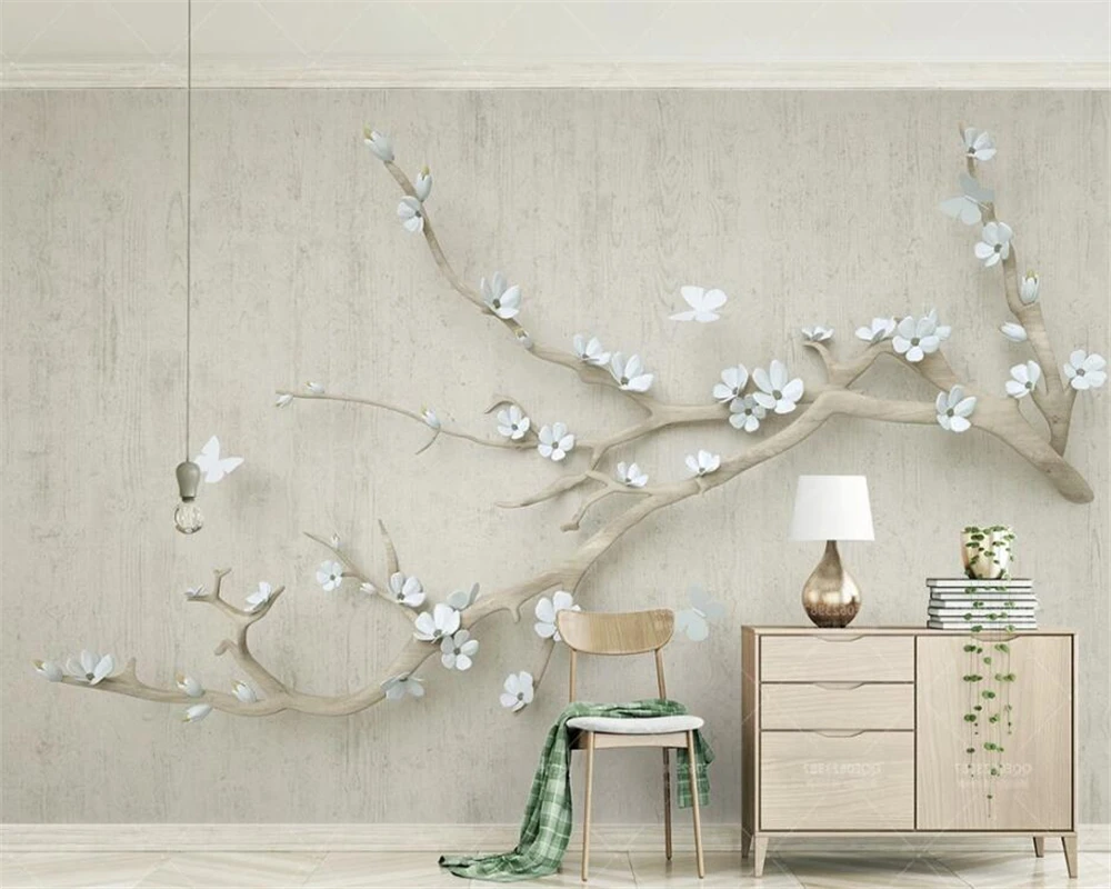 Customized 3d wallpaper embossed new Chinese branch plum blossom butterfly mural 3d living room background wall mural wallpapers