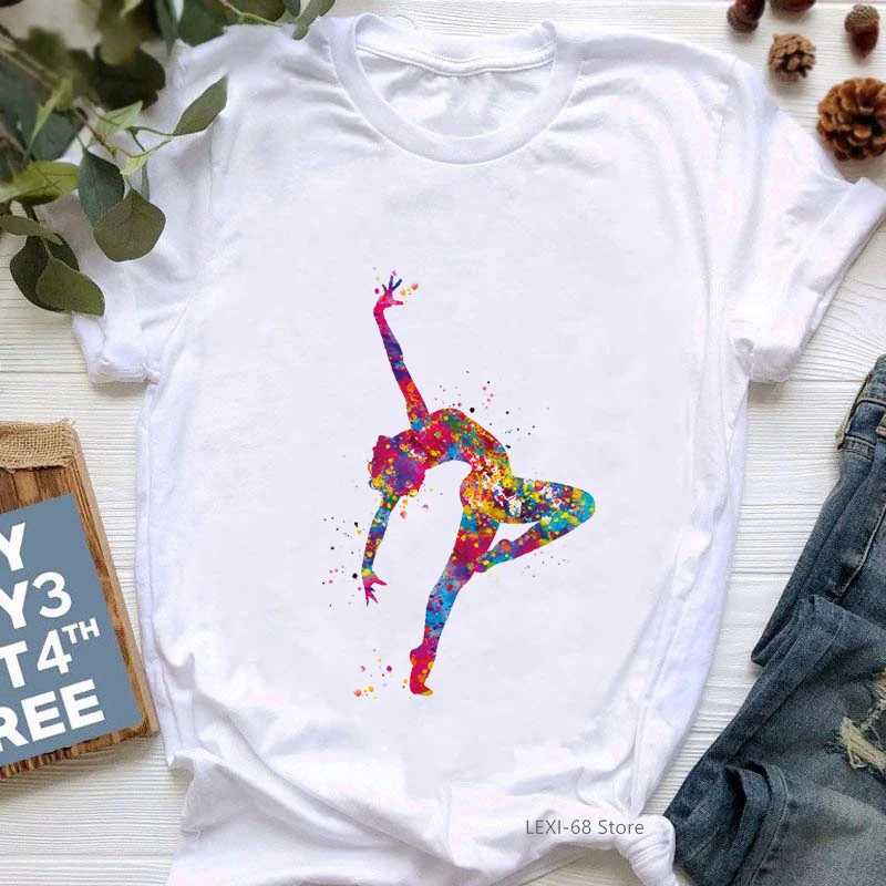 Ballet Dancer Watercolor Print T Shirt Women Beautiful Girl Gymnastics Tee Shirt Femme Harajuku Kawaii Clothes Tshirt