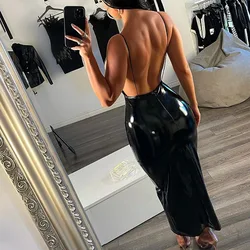 Sexy V Neck Latex Leather Dress Women Sleeveless Halter Hobble Dress Ladies Spaghetti Straps Backless Evening Party Dress Custom