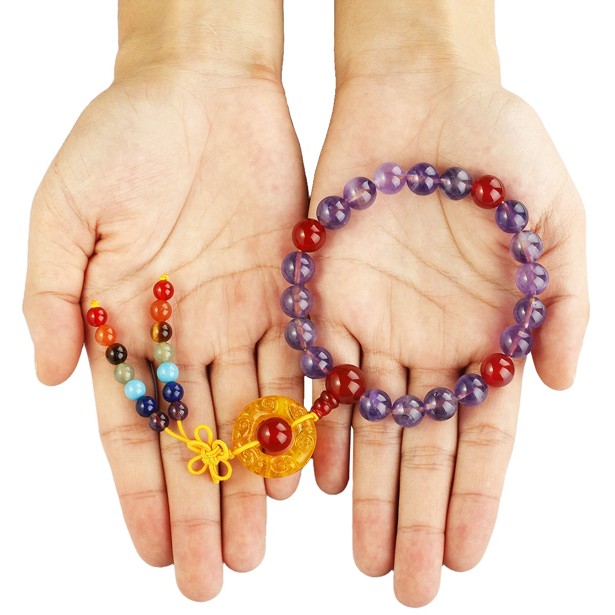 21 Stone Mala Bracelets for Women Men, 7 Chakra Crystal Lucky Coin Amulet Tassel Stretch Wristband, 7.8