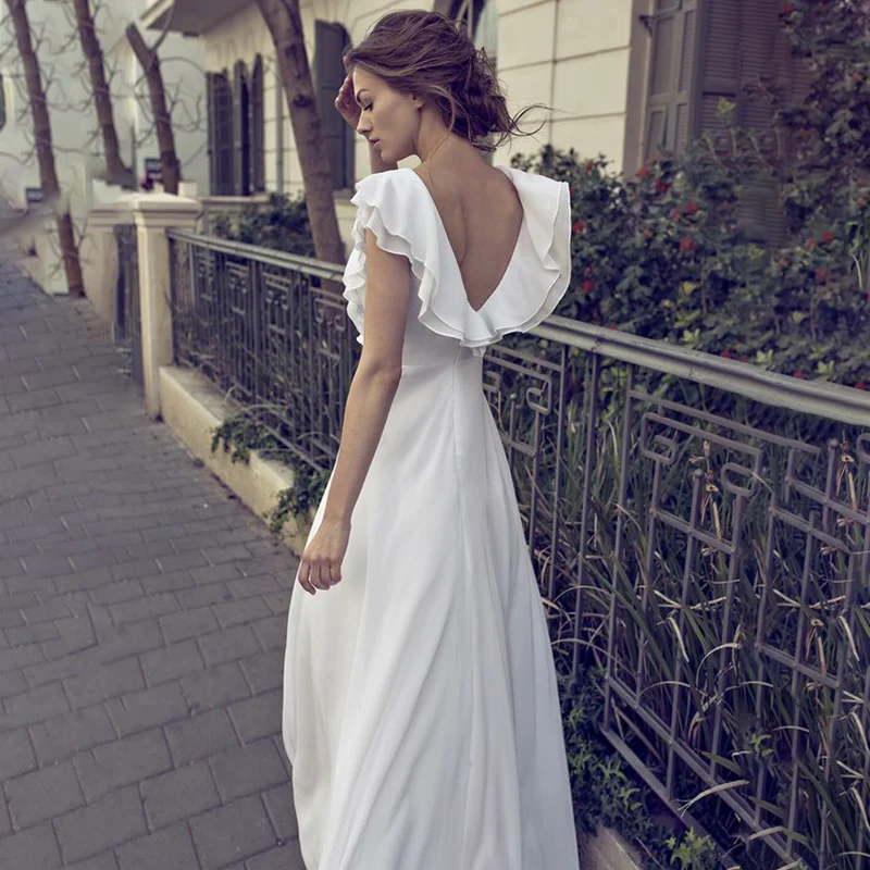 Robe de mariée en mousseline de soie, ligne A, col en V, dos ouvert, longueur au sol, sur mesure, Maxi, plage, Simple, fente haute, dos nu