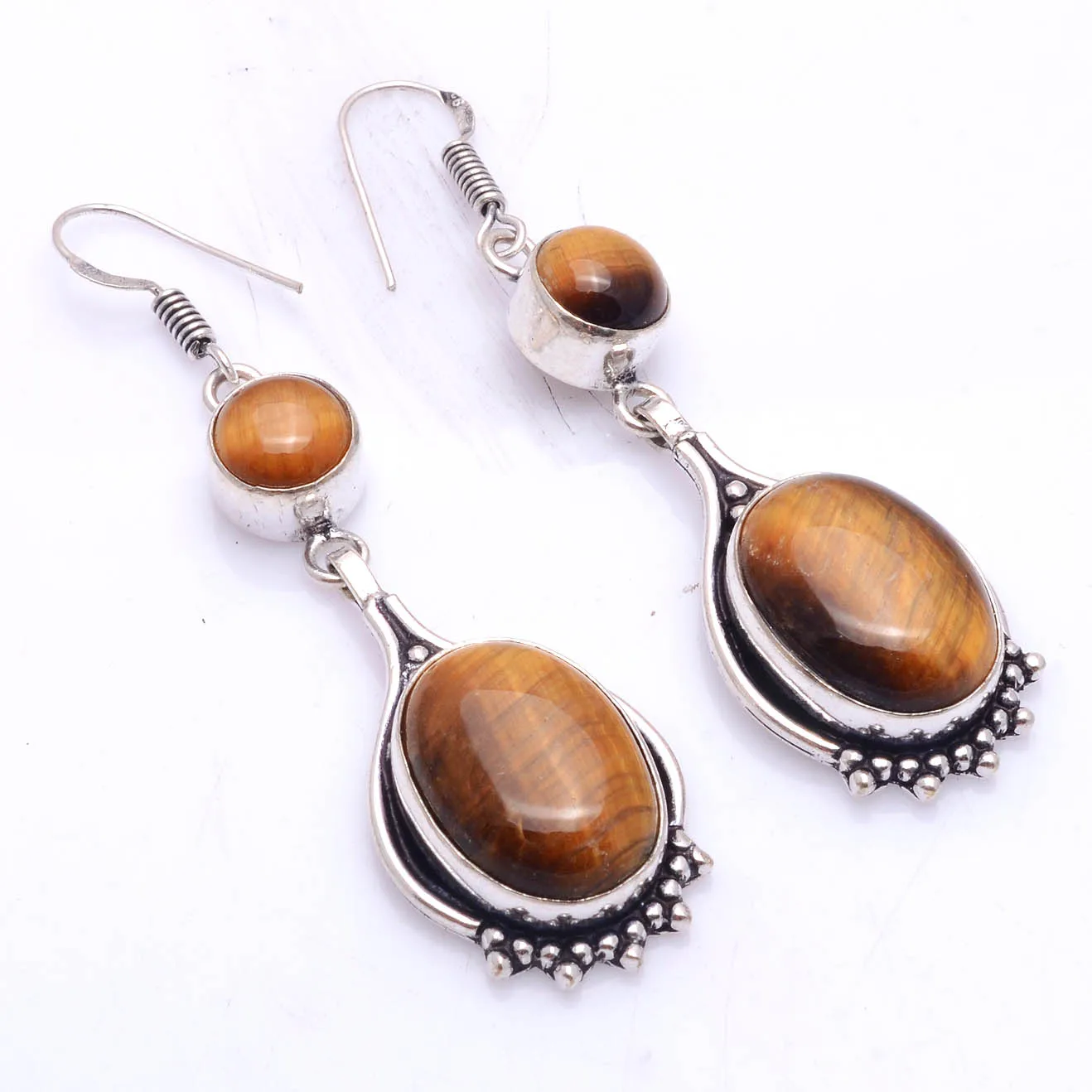 Genuine Tiger Eye  Silver Overlay on Copper Earrings ,Hand made Women Jewelry Gift , 65  mm,  E5753