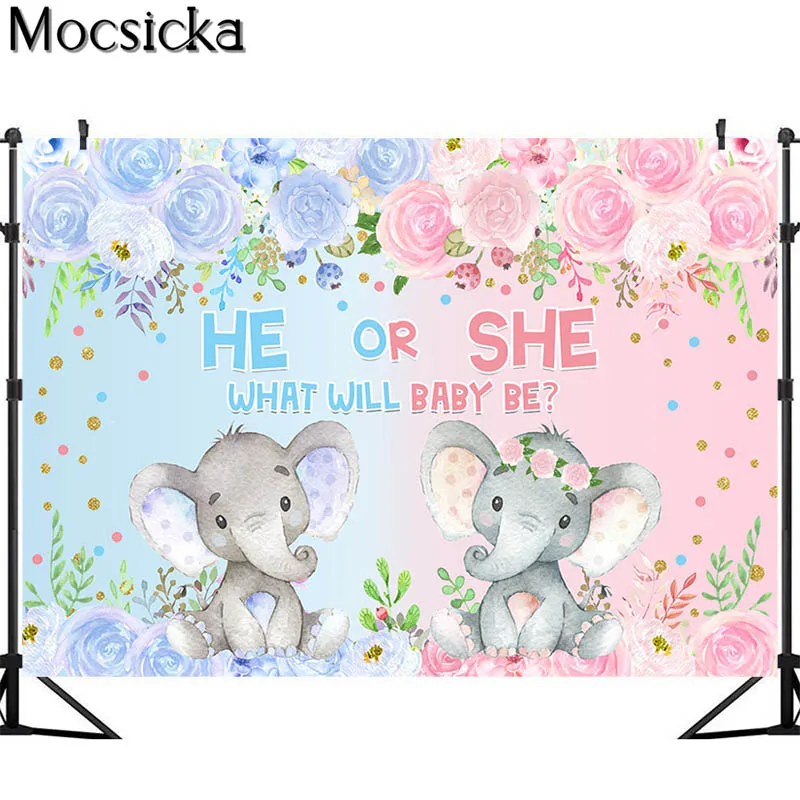 Toile de fond de photographie de fleur d'éléphant bleu et rose, fond de révélation de sexe, décor de studio photo, baby shower, affiche de fête d'anniversaire