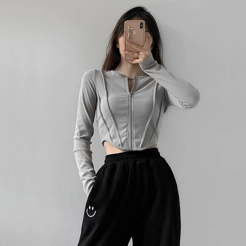 

Round neck zippered jacket for women's new European and American street style short fitting cardigan for women V525