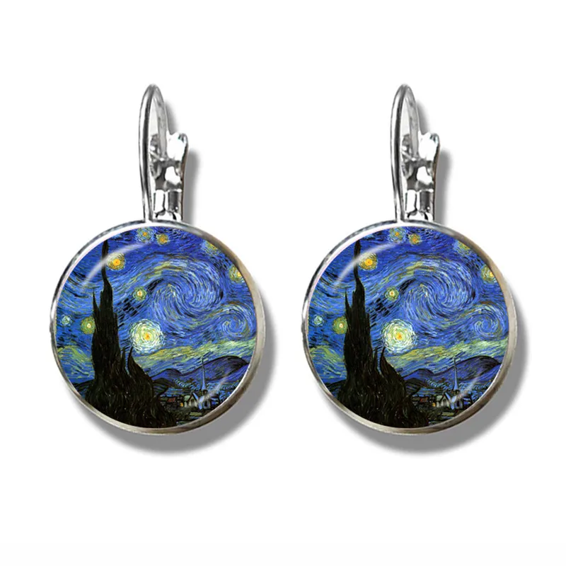 Van Gogh Sunflowers Art Vintage Solver-plated Earrings Glass Cabochon Dome Stud Earrings Jewelry For Women Girls Gift