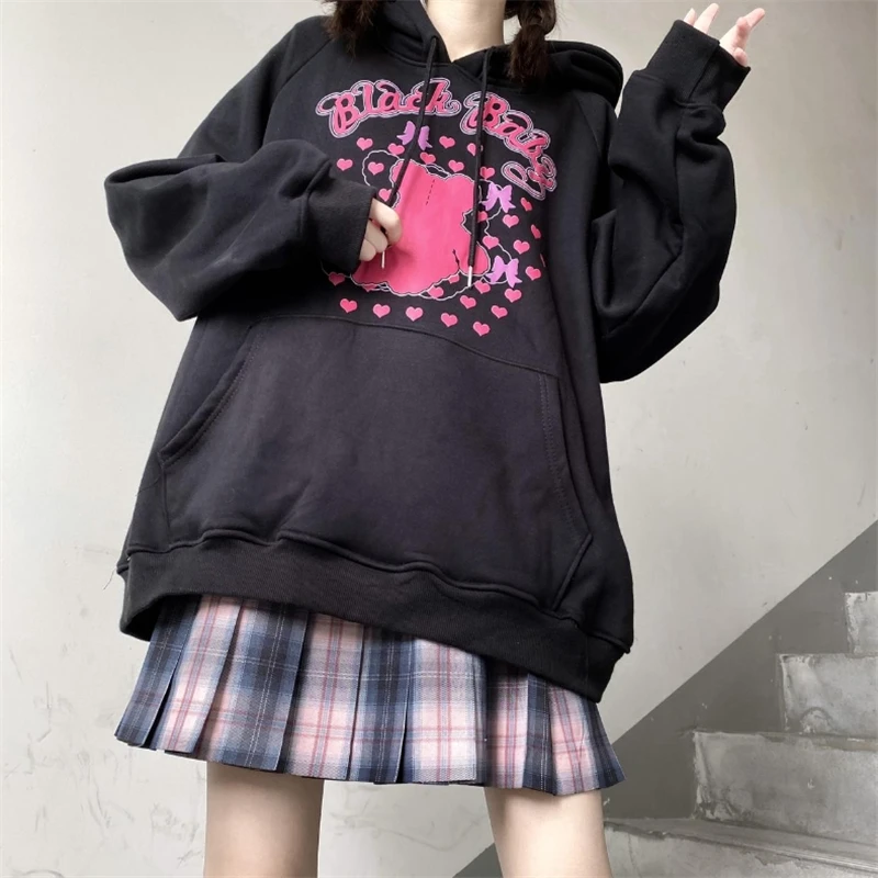 Black Oversize JK Uniform Pullovers Japanese Girls Sweatshirt Women Spring Autumn Thin Cute Cartoon Loose JK Jacket Women