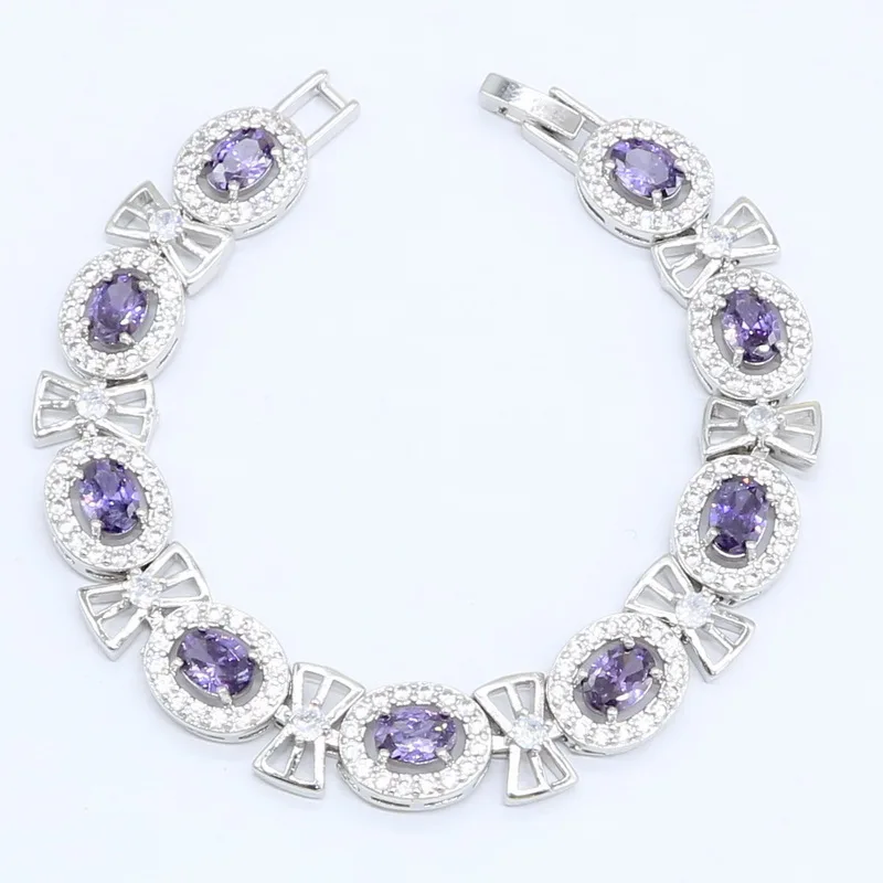 Geometric Purple Zircon Silver Color Wedding Jewelry Sets For Women Necklace Pendant Earrings Rings Bracelet Gift Box