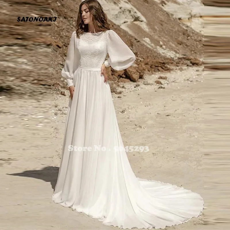 Vestido De Novia Boho Een Lijn Lange Mouwen Trouwjurken 2021 Chiffon Hoge Hals Kant Applique Voor Vrouwen Sweep Trein gewaad Mariee