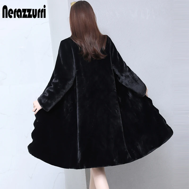 Nerazzurri Winter Colored Warm Soft Long Faux Fur Coat Women with Scallop Trim Army Green Black Fluffy Jacket Korean Fashion