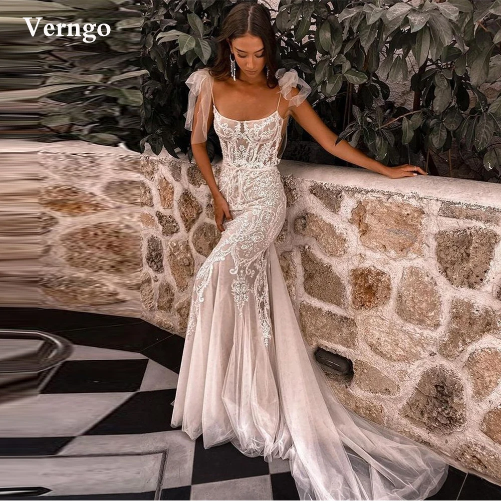 Verngo-vestidos de novia delicados con Apliques de encaje de sirena, traje de novia con tirantes finos, de tul, para barrer